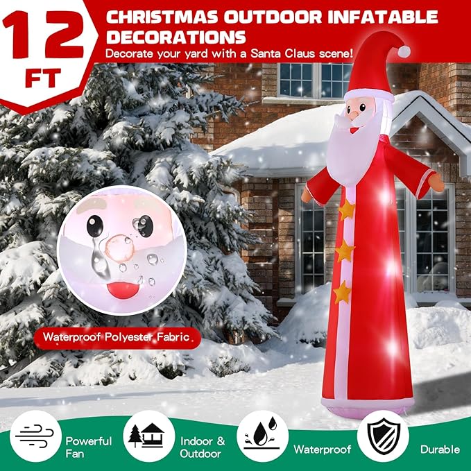 12FT Christmas Inflatables, Giant Santa Christmas Inflatable Outdoor Decoration, Christmas Outdoor Inflatables with Built-in LEDs, Christmas Blow Up Yard Decorations for Party Holiday Lawn