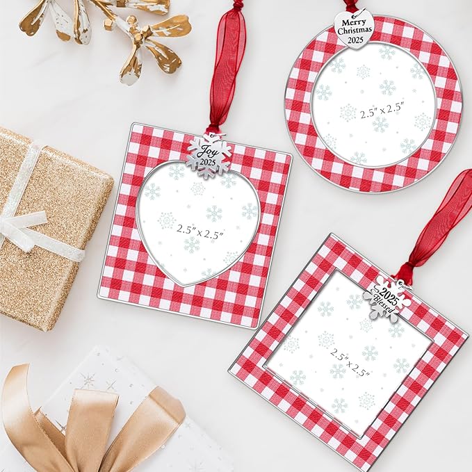GUOER 3PCS Christmas Tree Ornaments Set Picture Frame Ornament Holiday Keepsake Gift Home Decor Christmas Decorations Xmas Gifts Pendant with 2.5” Photo Frame Insert (Red White 2025)