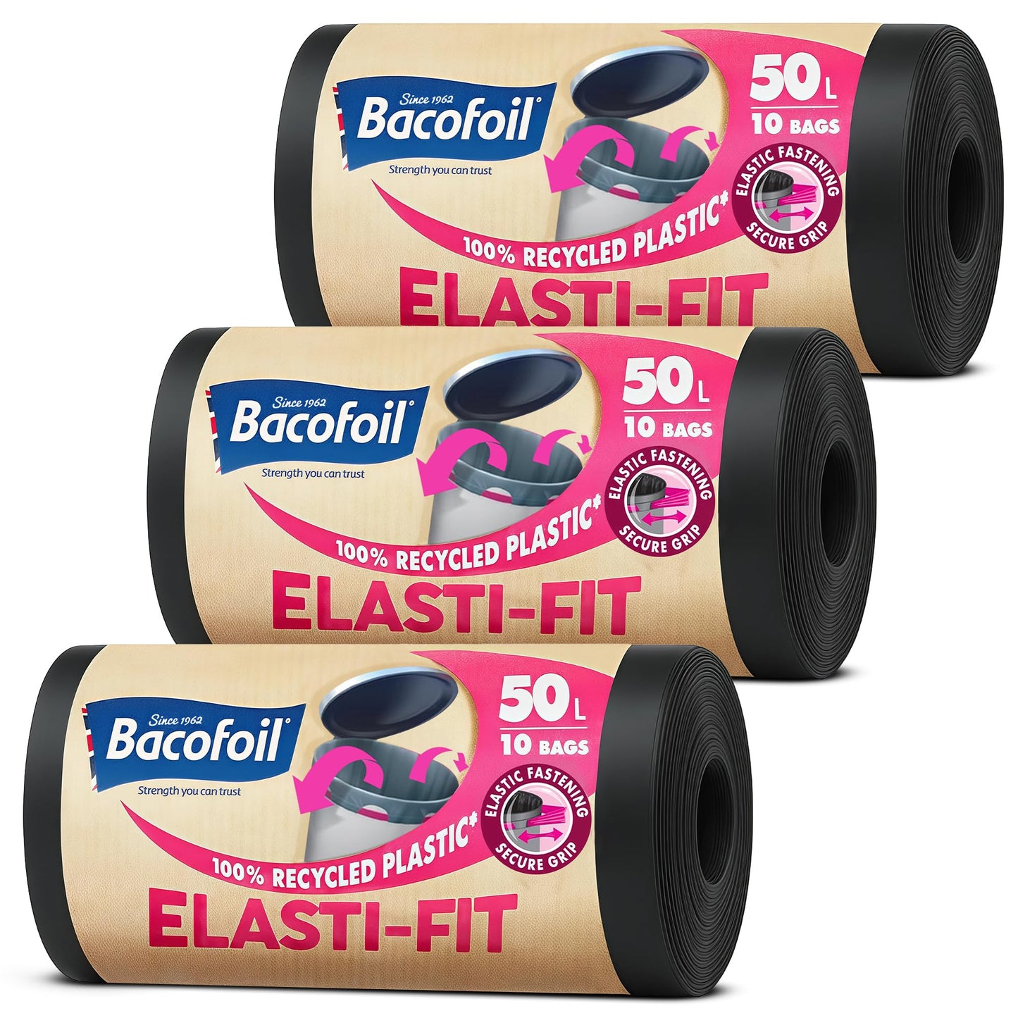 Bacofoil Elasti-Fit Bin Liners - 50L Recycled bin bags, 3 Rolls (30 Bags) - Leak-Proof, Elastic Fastening for Secure Fit - Made from 100% Recycled Plastic - Eco-Friendly Waste Disposal.