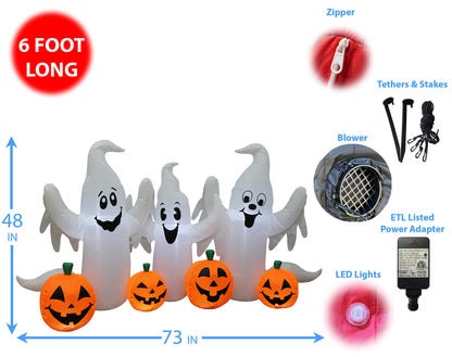 6 Foot Long Lighted Halloween Inflatable Three Ghosts with Pumpkins Patch Outdoor Indoor Holiday Decorations, Blow Up LED Lights Lighted Yard Decor, Giant Lawn Inflatables for Home Family Party