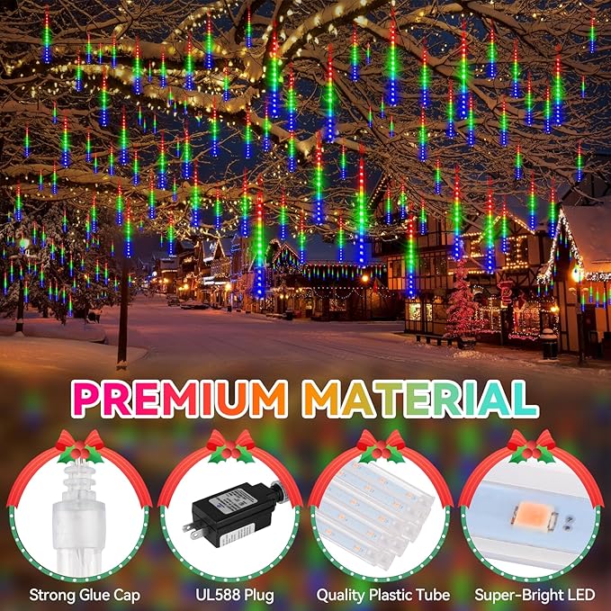 KNONEW 40 Tubes 1120 LED Meteor Shower Lights Christmas Lights Outdoor Plug in Waterproof Falling Rain Light for Xmas Tree Wedding Party Garden Holiday Rooftop Decorations (Multicolor)
