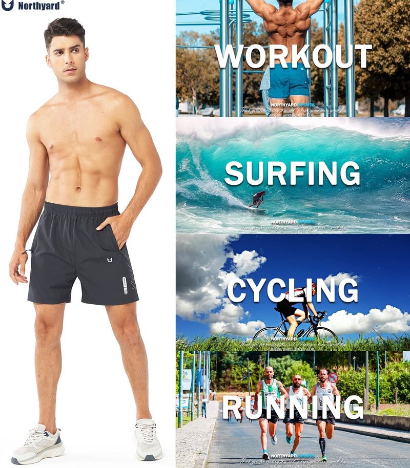 NORTHYARD Men's Athletic Running Shorts Gym Workout 7"/9"/5" Quick Dry Lightweight Sports Basketball Tennis 3 Zipper Pockets DARKGREY-5inch S