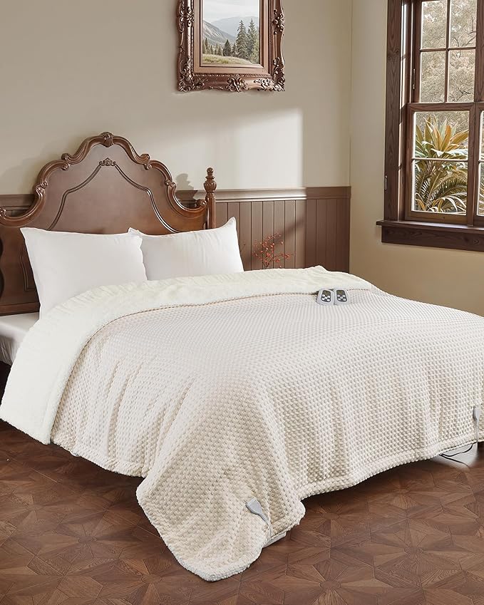 CAROMIO Heated Blanket Queen Size with LCD Dual Controller, Waffle Weave Fast Heating Electric Blankets, 10 Heat Levels & 1-12H Time Settings, ETL Certified, Machine Washable, Beige, 84" x 90"
