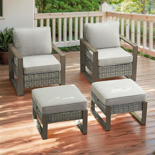 Rilyson Outdoor Wicker Patio Furniture Set - 4 Piece Patio Conversation Set with 2 Wicker Armrest Chairs,2 Rattan Ottoman, Sturdy Frame, Thick Cushions, Deep Seating(Mixed Grey/Grey)