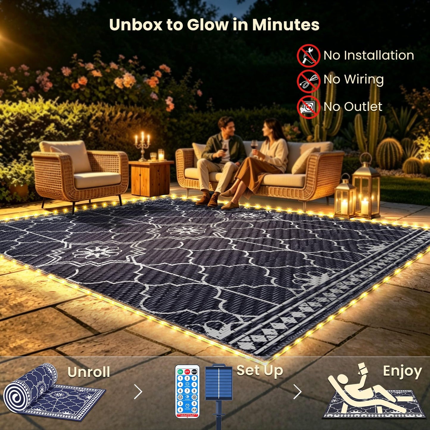 Lighted Outdoor Rug 8x10 ft, Solar Powered Patio Rug with 113 LED Lights, Waterproof Plastic Reversible Outdoor Straw Rugs, Rugs Mat for House Deck RV Camping Patio Beach Balcony Picnic (Blue White)