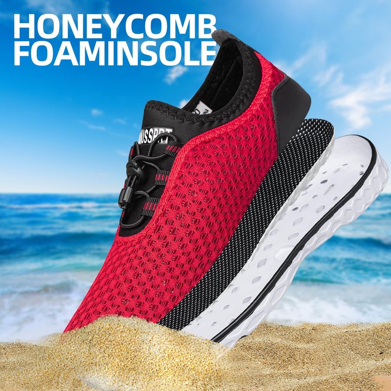 DOUSSPRT Men's Water Shoes Quick Drying Sports Aqua Shoes Redwhite Size 7
