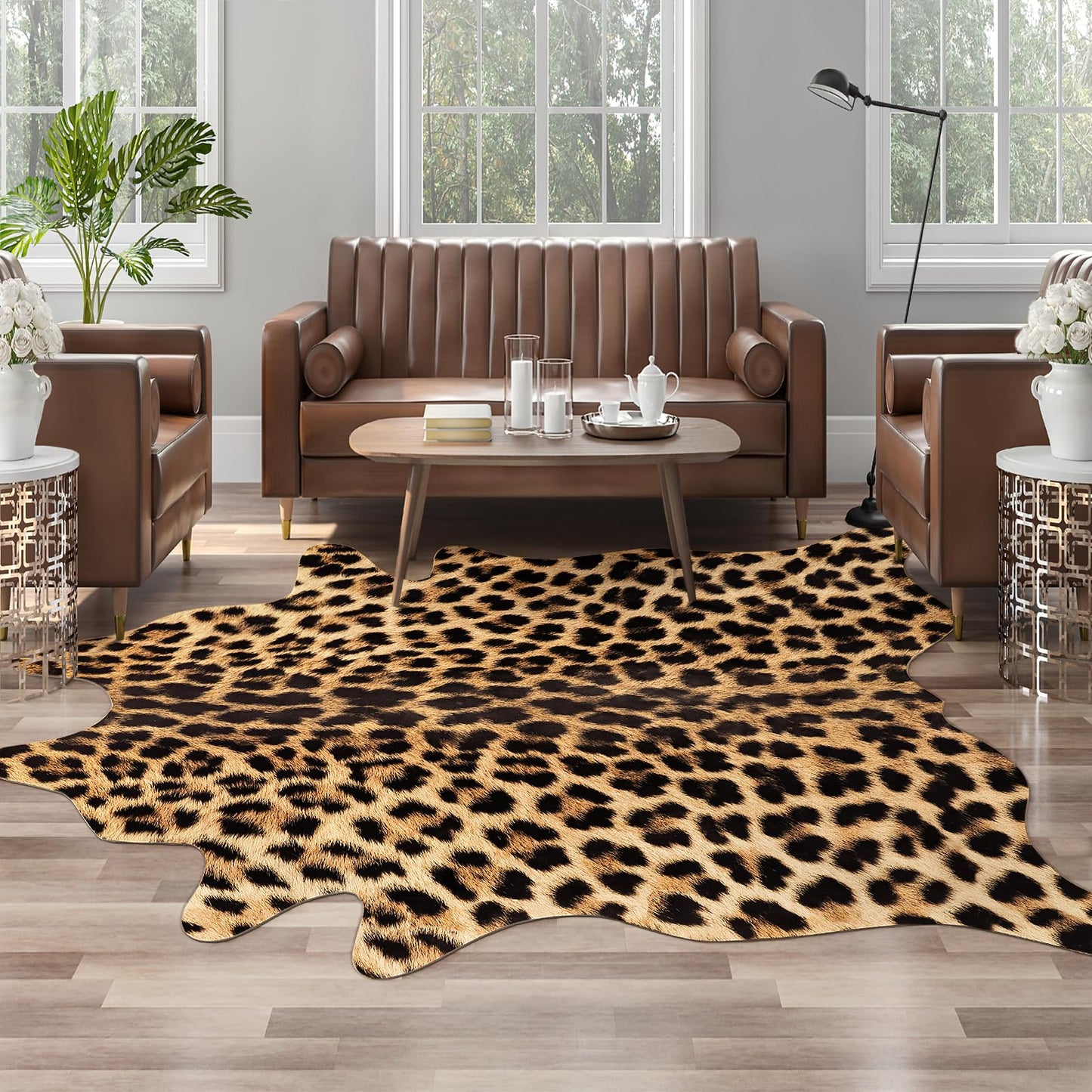 AROGAN Premium Leopard Print Rug 4.6x5.2 Feet, Machine Washable Faux Fur Cheetah Rug, Non-Slip Animal Print Hide Leopard Skin Area Rug for Bedroom Living Room Home Decor