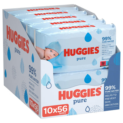 Huggies Pure Baby Wipes - Pack of 10 (10 x 56 Packs, Total 560 Wipes)