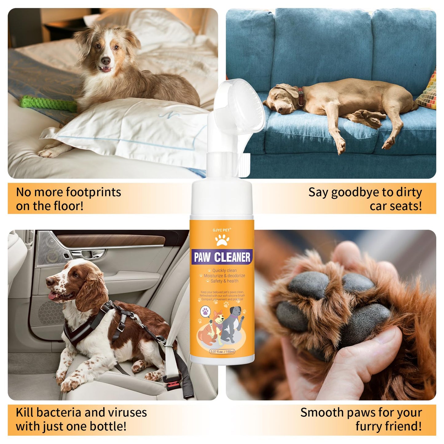 GJYC PET Paw Cleaner for Dogs and Cats,Magic Foam - Clean Paws Rinse Free Foaming Cleanser-Dry Shampoo, Foot Cleaner Brush - with Rose Extract, Odor Control Wash - Good for Puppy