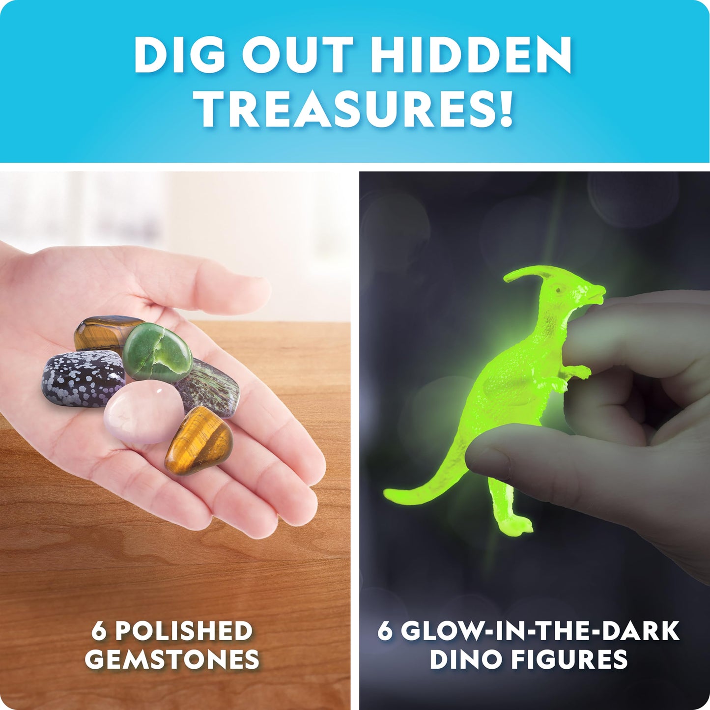 Blue Marble Easter Eggscavation Dig Kit - 12 Easter Egg Dig Bricks with Real Gemstones & Glow in The Dark Dinosaur Figures, Includes Dig Tools, Egg Hunt or Dig Party Activity, Easter Basket Stuffers