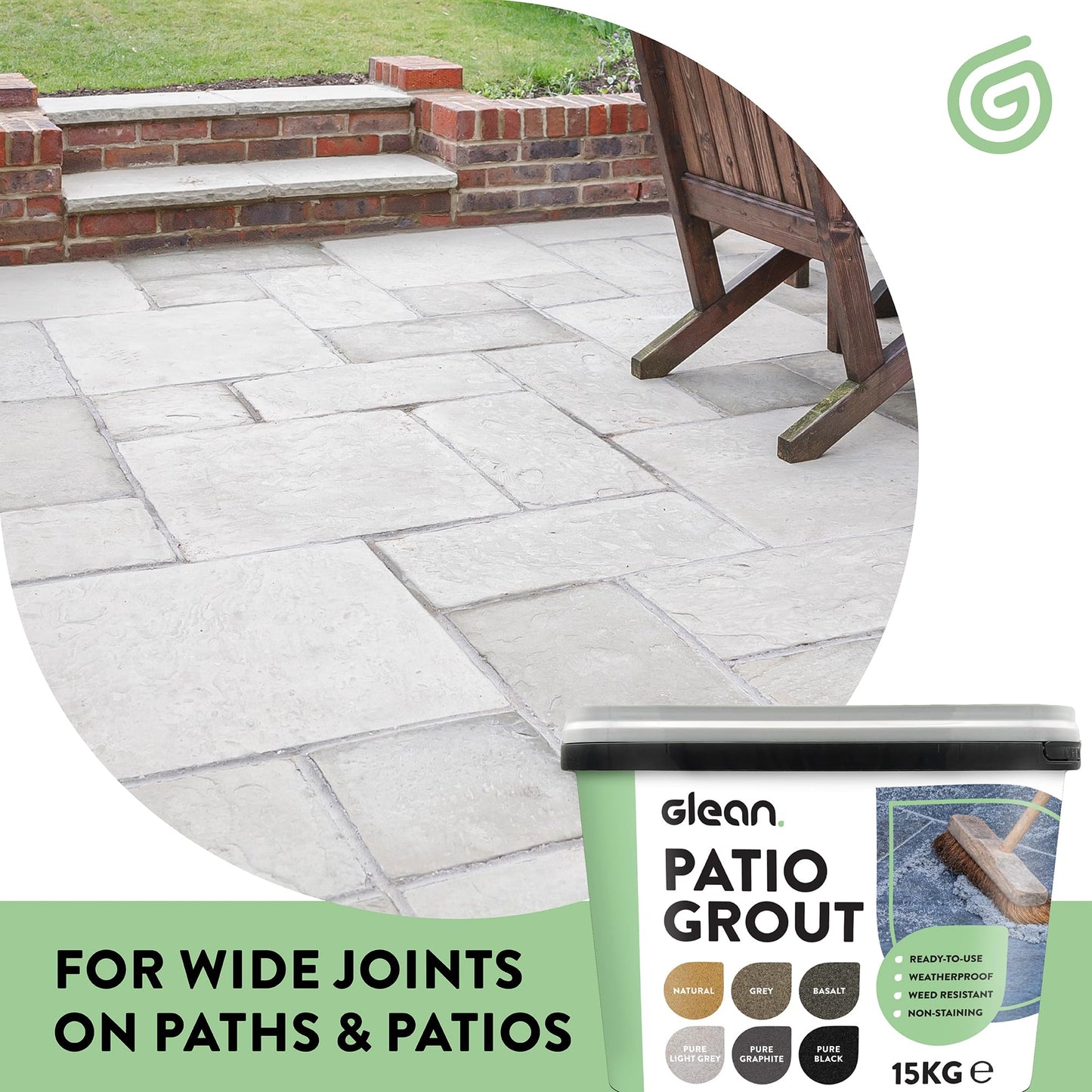 GLEAN Patio Grout | NATURAL | 15kg - 20m² Coverage | Jointing Compound | Brush In Patio Grout For Paving Patios & Block Paving | Self Setting All Weather Application | Ready Mixed
