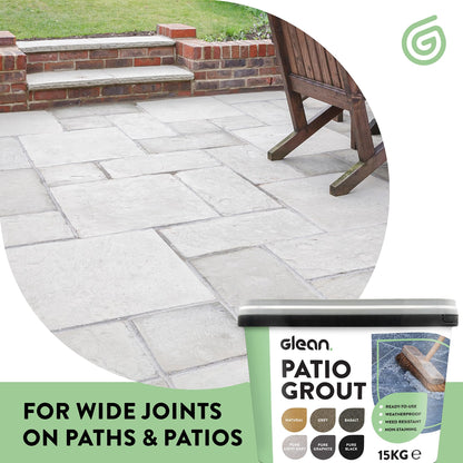 GLEAN Patio Grout | NATURAL | 15kg - 20m² Coverage | Jointing Compound | Brush In Patio Grout For Paving Patios & Block Paving | Self Setting All Weather Application | Ready Mixed