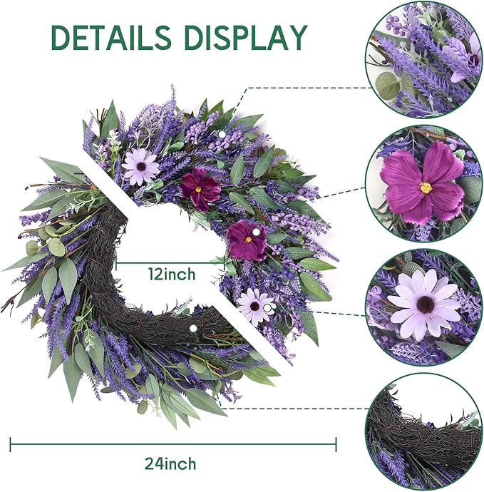 24" Lavender Wreath for Front Door - Artificial Floral Lush Summer Wreath with Adjustable Headband & DIY Decor for Wall, Home, Wedding, Party, Christmas (Purple)