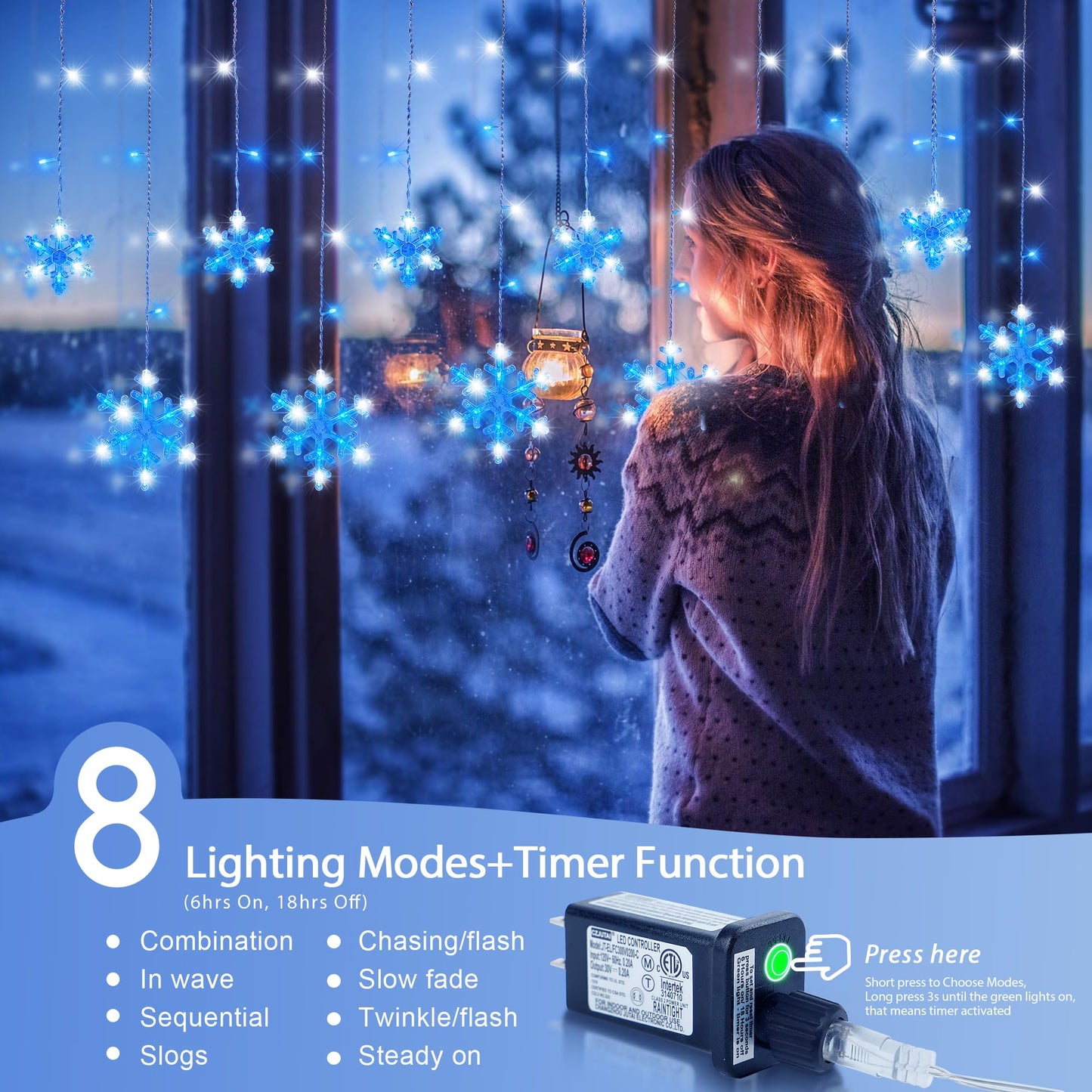 Qunlight Christmas Snowflake Icicle Lights,6.5ft 144LED Curtain Lights with 12 Drops,Timer 8 Modes Connectable,Waterproof Fairy Light for Eaves, Garden, Indoor Outdoor Xmas Decoration (Blue White)