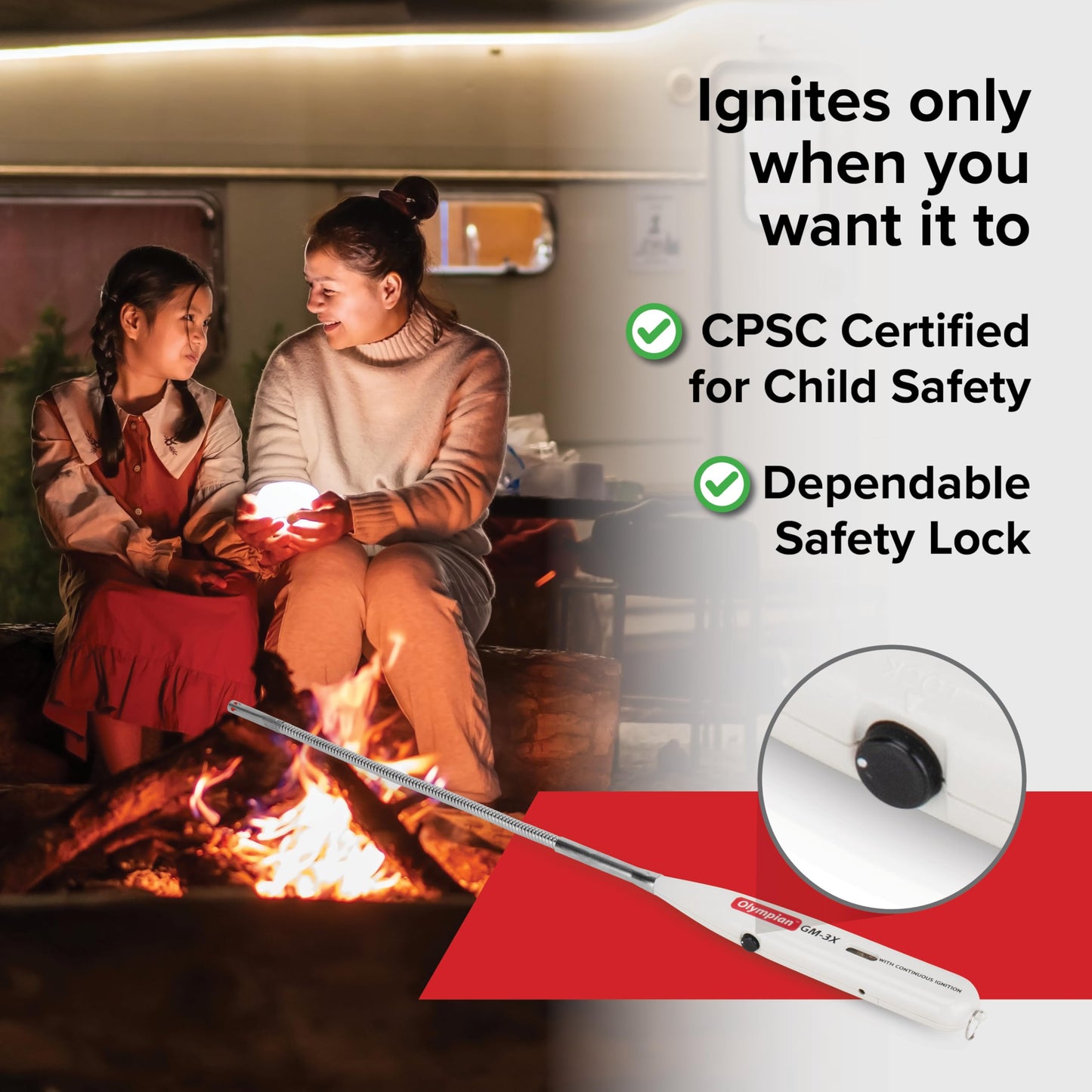 Camco Olympian GM-3X Adjustable Flame Gas Match - Features Windproof Continuous Ignition & Slender Design Equipped with Safety Lock - Refillable with Butane Lighter Fluid (57549)