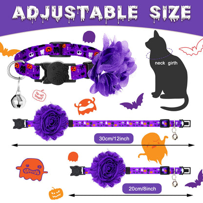 4 Pieces Halloween Cat Collar Breakaway Cat Collars with Bell and Removable Flowers Pumpkin Ghost Kitty Collars Quick Release Adjustable Pet Collar for Cat