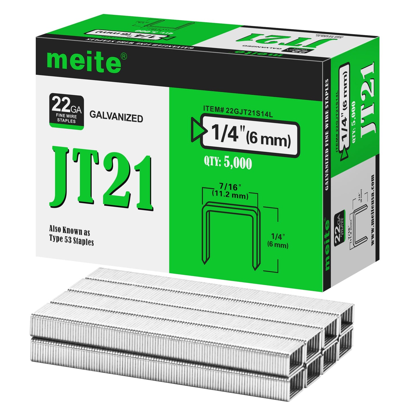 meite JT21 Staples, 1/4 Inch Galvanized Fine Wire Staples for Staple Gun - 5,000 Counts, 7/16" Crown JT21 Staple Refill, Ideal for Upholstery, Crafts, Furniture