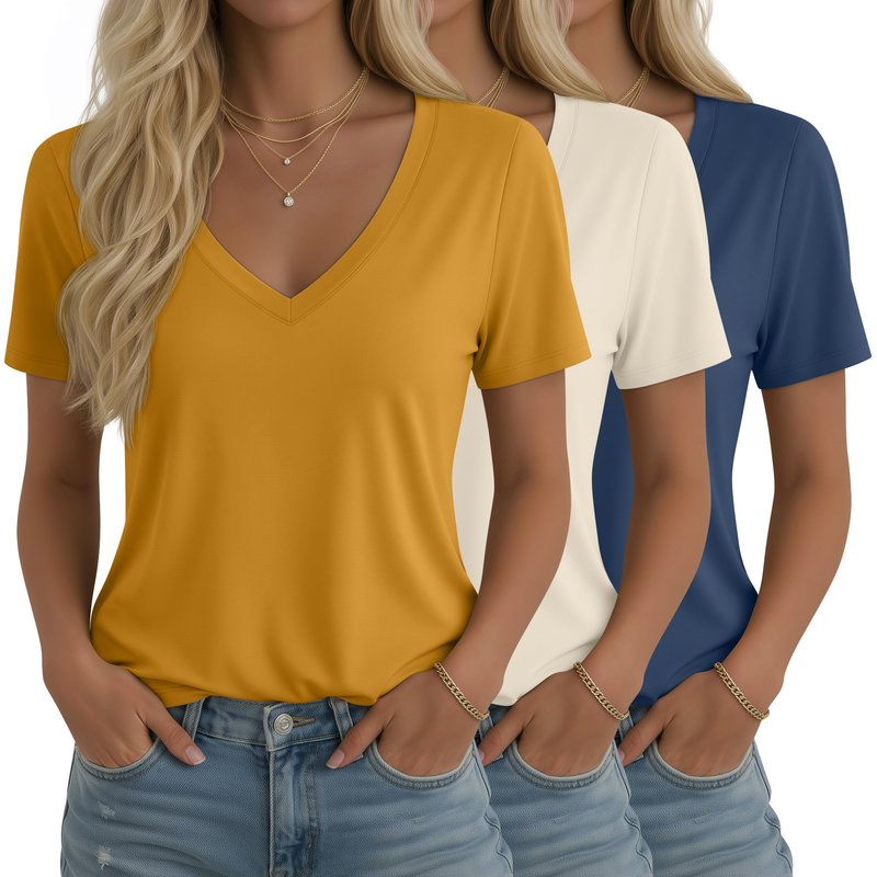 Ficerd 3 Pack Women's V Neck T-Shirts Short Sleeve Tunic Tops Casual Summer Curved Hem Tees Loose Fit Solid Basic Tshirt 2026(Turmeric, Cream, Hazy Blue,X-Large)