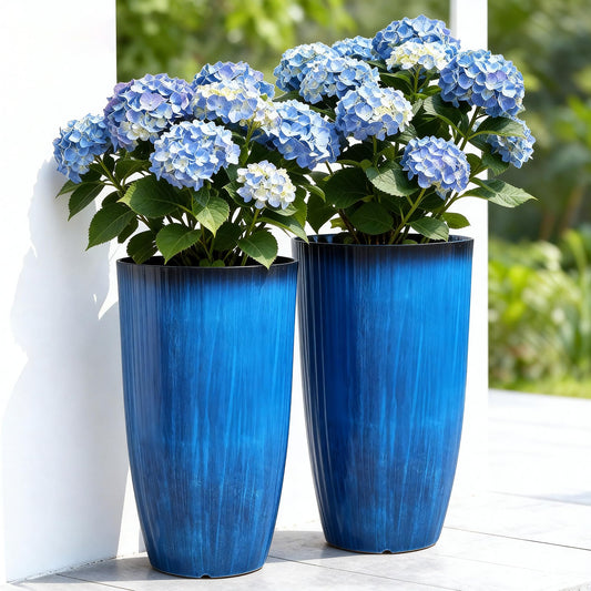 Autodaya 23.8" Tall Planters Large Set of 2 Plant Pots Plastic Flower Pots Outdoor Artistic Floating Cobalt Blue Glaze, UV-Protect & Lightweight PP Container for Garden, Patio, Deck, Porch, Indoor