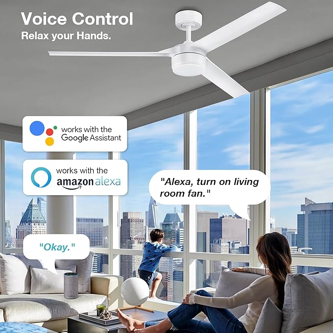cumilo 52 inch Smart Ceiling Fans with Light and Remote Control, Dimmable,6 Reversible Speed, Low Profile Ceiling Fan Compatible with Alexa WIFI APP,Modern White Ceiling Fan for Bedroom Patio