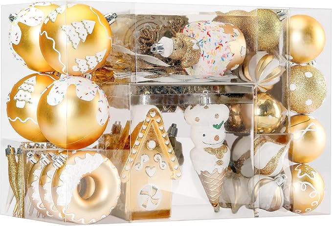 SHareconn 86pcs Christmas Tree Balls Ornaments, Shatterproof Plastic Decorative Baubles for Christmas Tree Decorations, Holiday Wedding Party Decoration, Festive Ornaments,White Gold