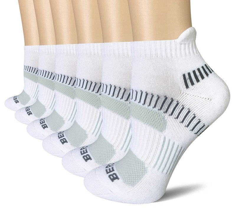 BERING Women's Athletic Running Cushioned Ankle Socks, Size 9-11, White, 6 Pairs