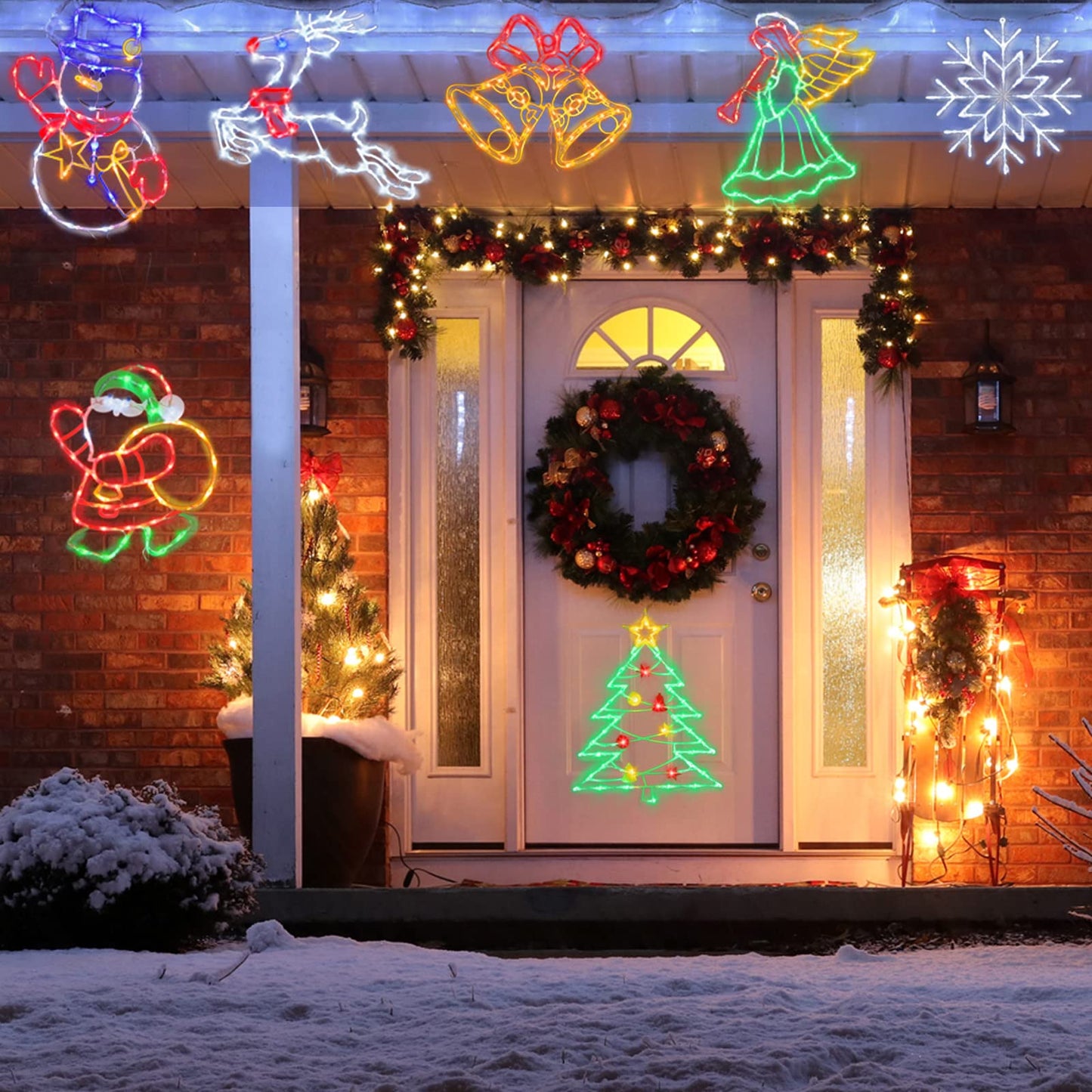 Pytopkto Christmas Decorations - 16" Christmas Window Silhouette Lights - 4 Pack Colour Lighted Christmas Tree ＆ Snowman ＆ Santa ＆Bell for Holiday Indoor and Outdoor Wall Door Window Decorate