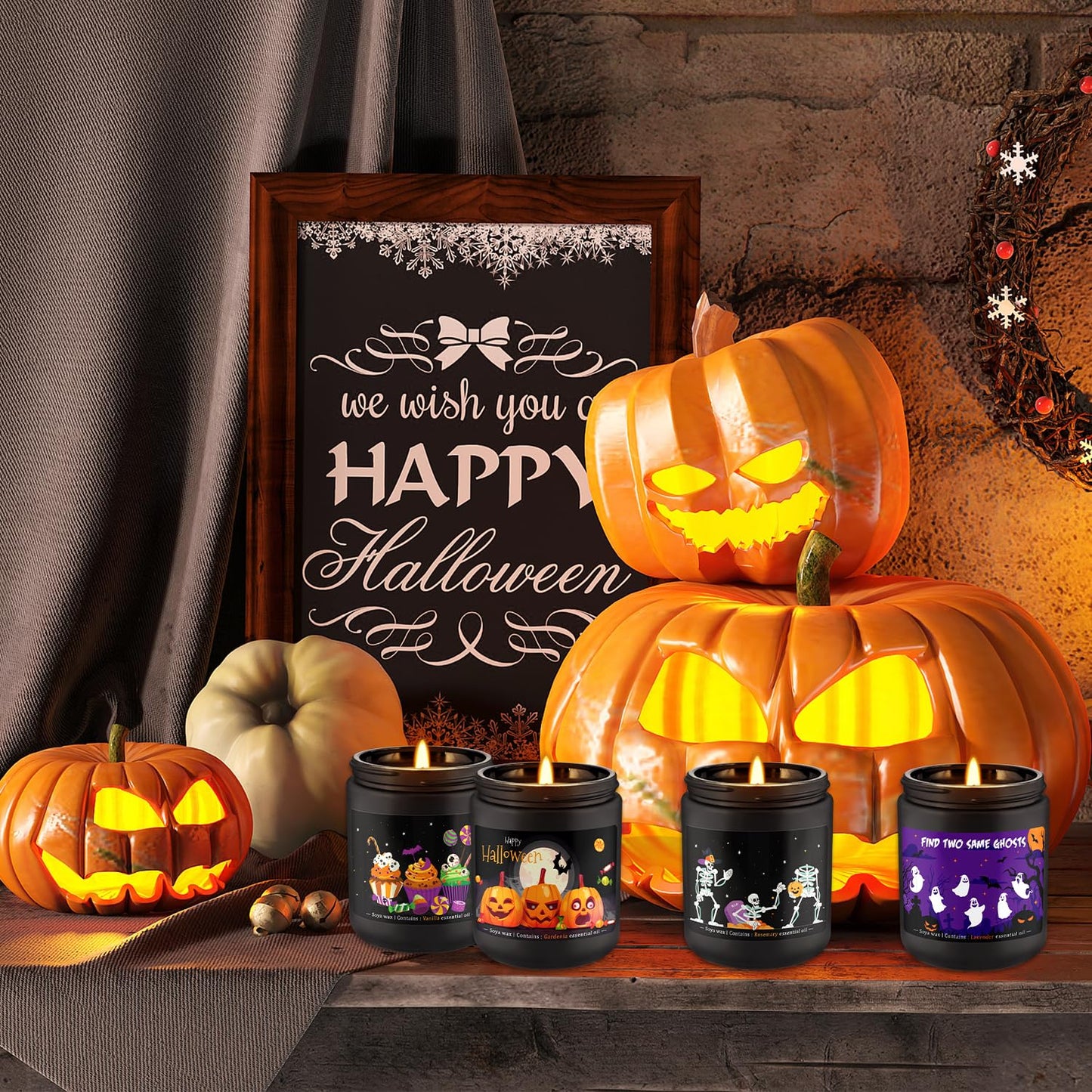 Wfmolcand Halloween Candle Set, 4 Pack Scented Candles Gift with Pumpkin|Skull|Ghost|Witch|, Long Lasting Burn Candles (7 oz Each), for Halloween Decorations Indoor, Candle Gift Set for Holiday.