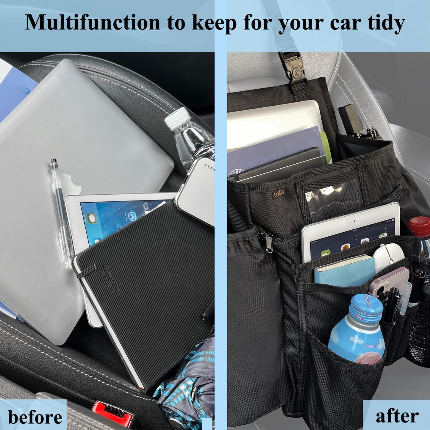 ECWKVN Car Front Seat Organiser -Car File Patrol Bag,Heavy Duty Passenger Tidy Backseat Organiser-Vehicle Storage Bag with 10 Multi Pockets for Laptops Tablet Cup Holder,Black