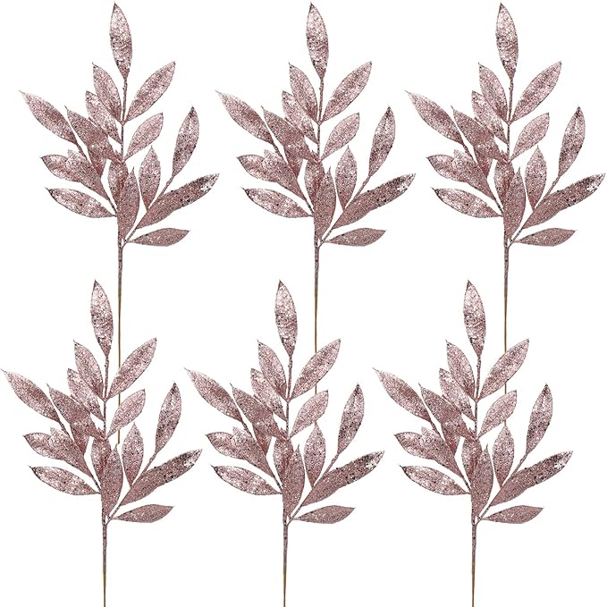 DILATATA 6Pcs Christmas Glitter Leaves Bay Leaves Spray 24" Artificial Rose Gold Bay Leaf Picks Sprays Giltter Stems for Christmas Tree DIY Xmas Wreath Garland Home Decor - Rose Gold