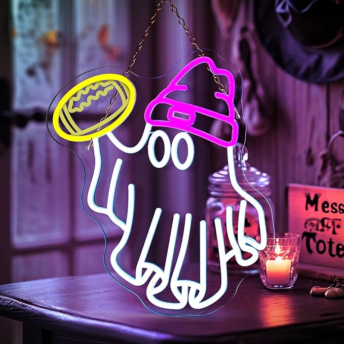 Halloween Ghost Neon Signs for Wall Decor Dimmable USB Powered Football Ghost Signs Gift for Football Fans Teens, Halloween Ghost Neon Light for Bedroom, Living Room, Bar, Party