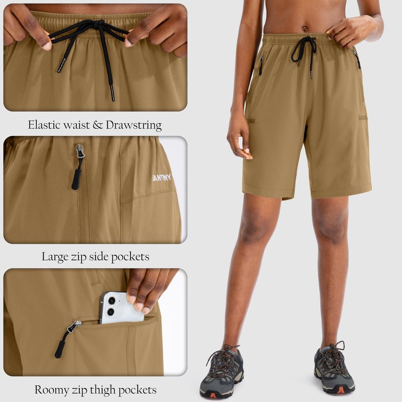 SANTINY Women's 5''/ 7''/9'' Hiking Cargo Shorts Quick Dry Lightweight Summer Shorts for Women Athletic Zipper Pockets(Dark Khaki_M)