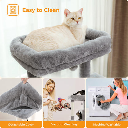 PAWZ Road 143cm Cat Tree for Indoor Cats with Metal Frame Large Hammock, 56.3 Inches Big Cat Tower with Scratching Posts and Top Perch, 4.7ft Multi-Level Activity Center with Replaceable Pompon, Grey
