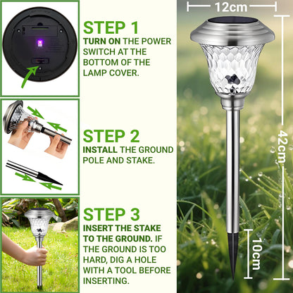 BEAU JARDIN 4 Pack Metal Garden Solar Lights Outdoor Waterproof 900mAh LED Solar Stake Lights Weatherproof Glass Lens Stainless Steel Pathway Lighting Sun Powered Landscape Lawn [Energy Class A]