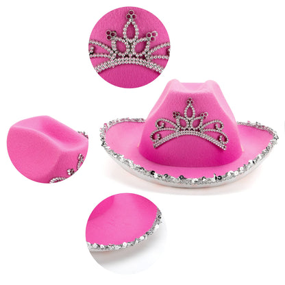 Spooktacular Creations 2 Pack Pink Cowboy Hat with Crown Blinking, Halloween Children's Pink Tiara Felt Cowboy Hats Accessories for Cosplay, Dress-up Party
