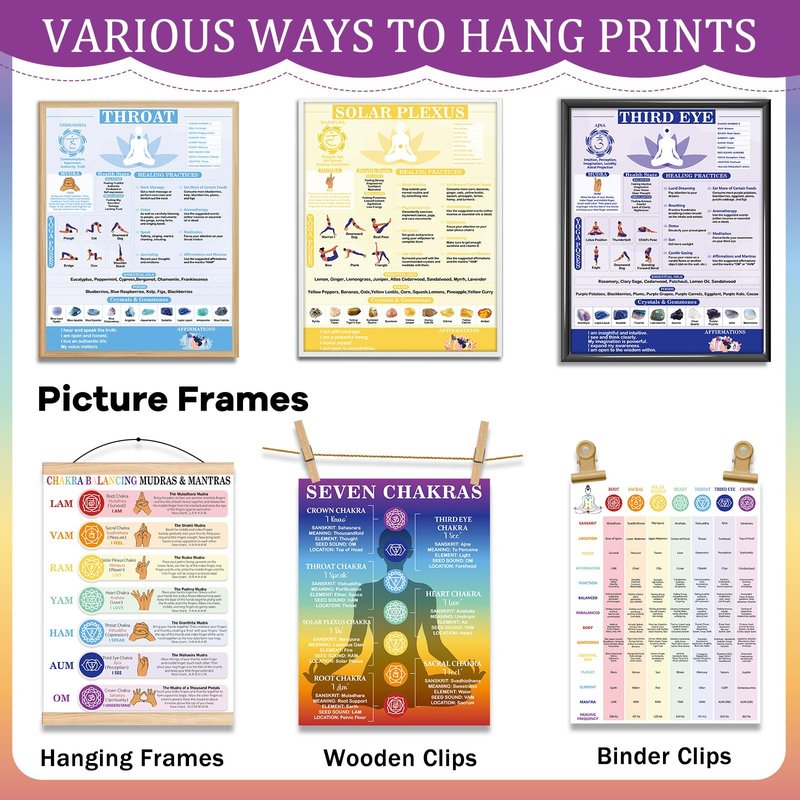 11pcs Chakras Posters (14.2 x 11.0 in) Yoga Poses Posters Set, Healing Meditation Yoga Pose with Crystals & Affirmations Quick Reference Guide, Spiritual wall art Gifts for Yogas Reiki Room Home Decor