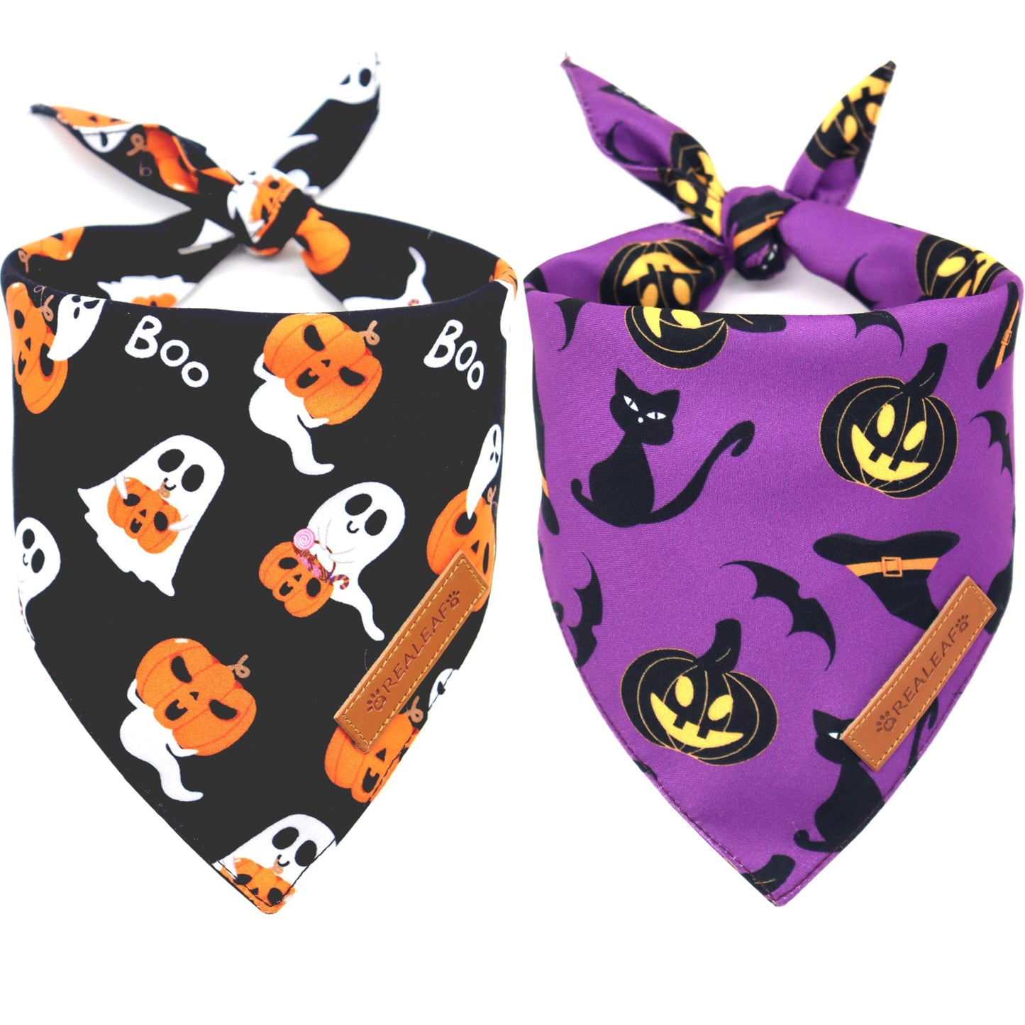 Realeaf Halloween Dog Bandanas 2 Pack, Reversible Orange Pumpkin Pet Scarf for Boy and Girl, Premium Durable Fabric, Holiday Bandana for Small Medium Large and Extra Large Dogs (Small)