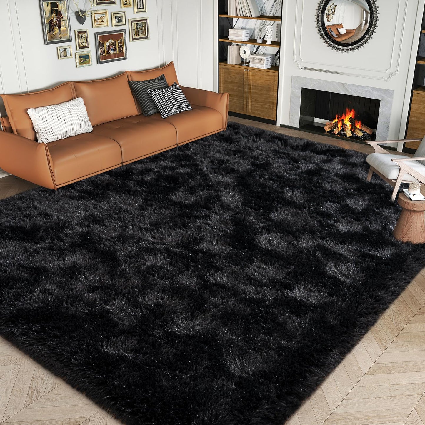 Dssimo Super Fluffy Black 8x10 Area Rugs for Living Room, Modern Large Shag Rug for Bedroom, Non-Slip Plush Shaggy Thick Black Carpet for Nursery Kids Room Boys Girls Dorm Indoor Home Office Decor