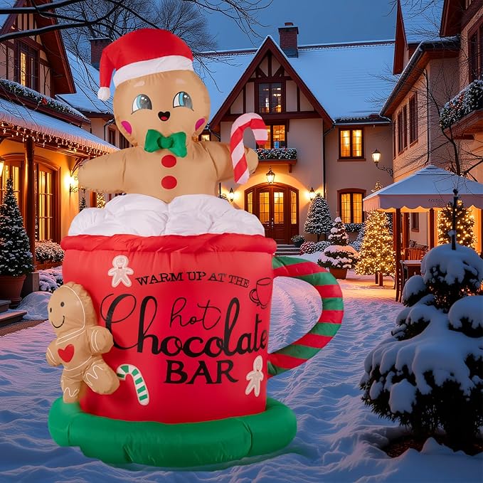 6.5FT Giant Inflatable Gingerbread Man with LED Lights, All-Weather Outdoor Christmas Decoration, Hot Chocolate Mug Yard Decor