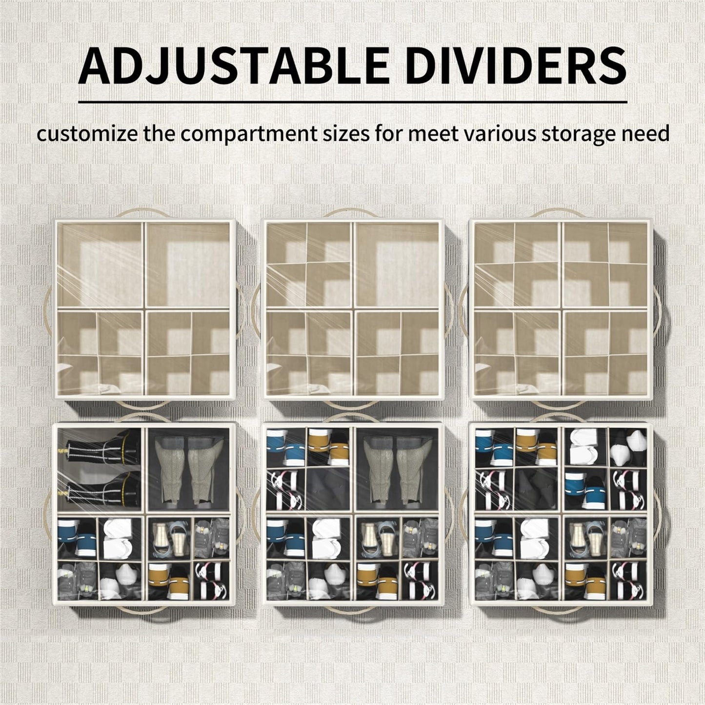 Aokeyee Shoe Organizer for Closet,2 Pack Foldable Shoe Storage Organizer Box Bin with Adjustable Dividers and Clear Cover, Fits up to 16-32 Pairs (Beige)