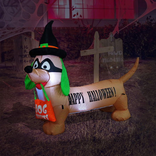 BZB Goods 4 Foot Long Illuminated Halloween Inflatable Dog with Witch Hat and Mask Decoration