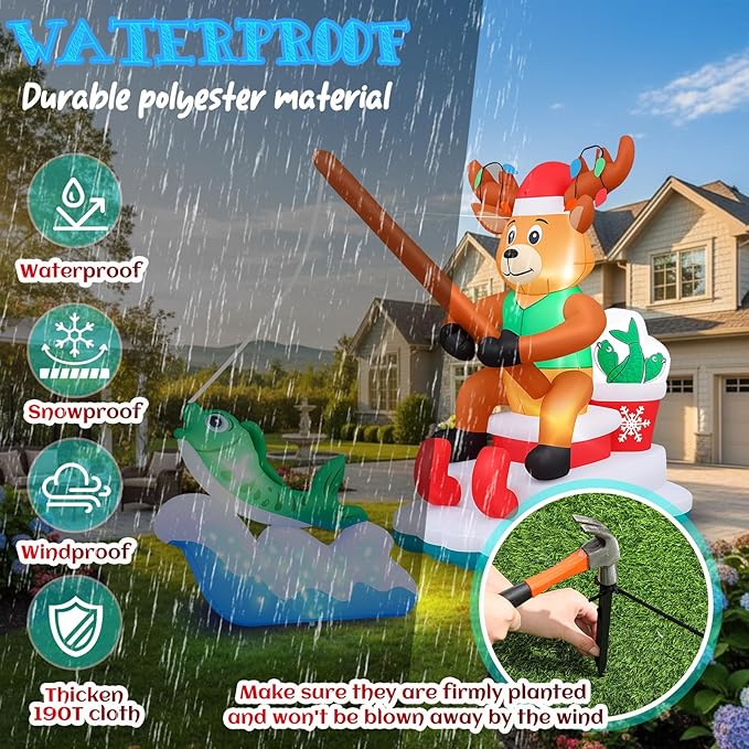 14 ft Long Christmas Inflatable Fishing Santa Claus, Santa Claus Inflatable Courtyard Outdoor Decoration with Built-in Rotating Blue LED Lights for Christmas Party Garden Lawn Decoration
