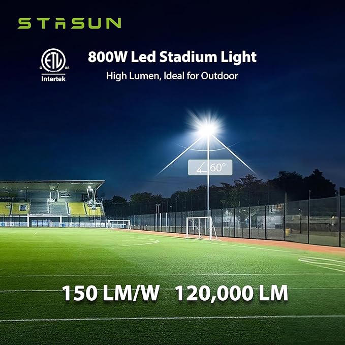 STASUN 800W LED Stadium Lights Outdoor – Ultra Series High Power, ETL Certified, 120000LM, 5000K Daylight, 60° Beam, 100-277V, IP67 Waterproof Flood Lights for Arena, Sports Field, Parking Lot