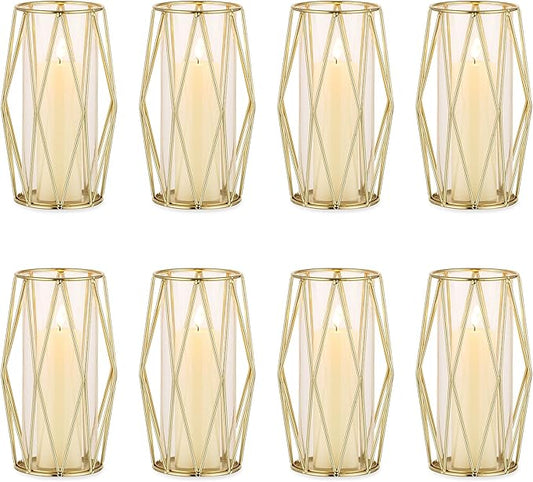 Nuptio Gold Pillar Candle Holder: 8 Pcs Glass Hurricane Candles Holders with Geometric Metal Rack Stand for Wedding Birthday Party Centerpieces - Decorative Flower Vase for Office Living Room