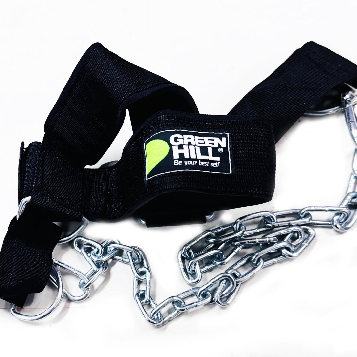 Green Hill Neck Harness for Weight Lifting – Heavy Duty Neck Trainer with Steel Chain & D-Rings, Adjustable Head Harness for Neck Strength Training, Wrestling, Boxing, MMA & Football Neck Workout Equipment
