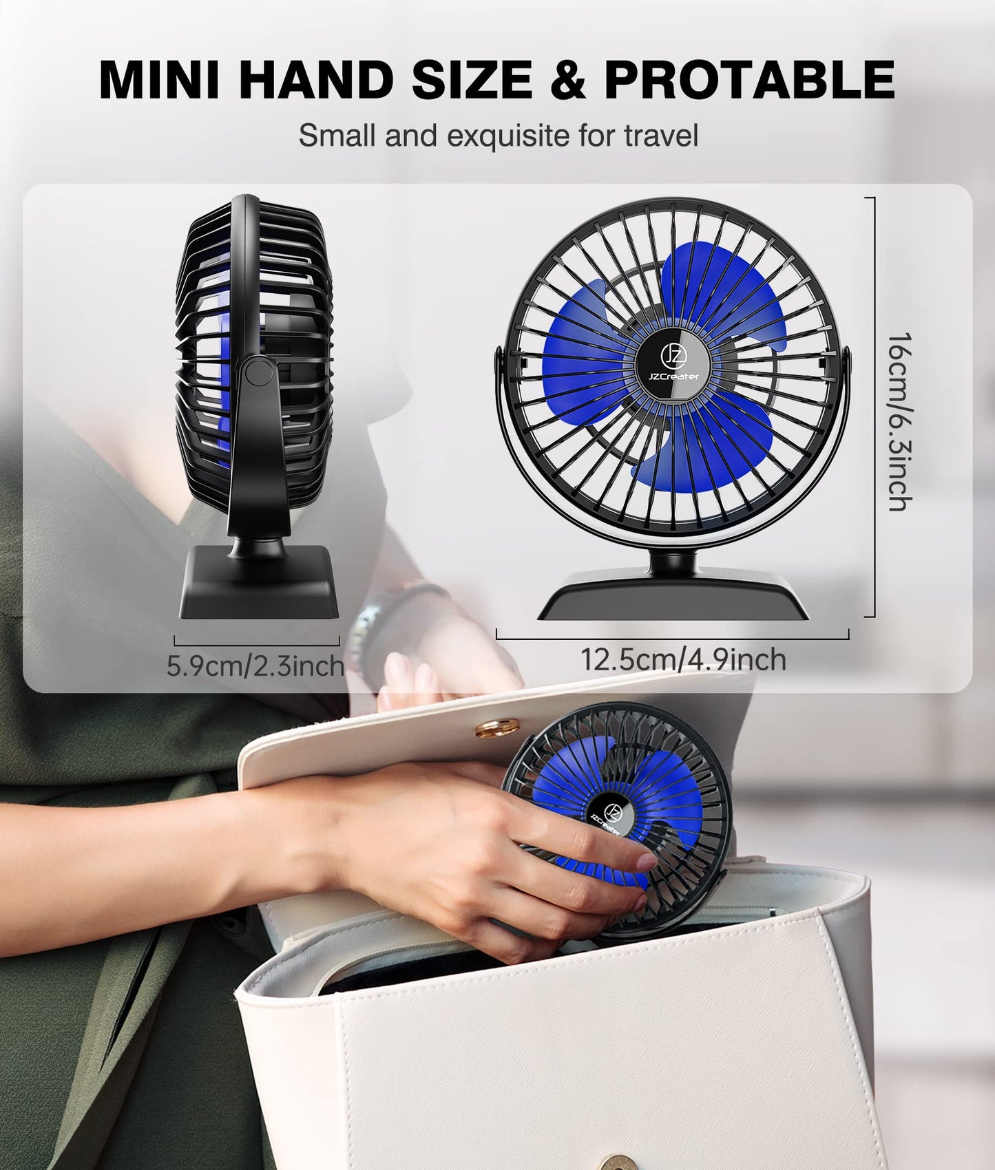JZCreater Mini Desk Fan，3 Speed Ultra-Quiet Operation，Portable USB Cooling Fan for Office Desk, Bedroom Use, Personal Fan with Adjustable Tilt for Summer Indoor/Outdoor,USB-Powered, Black