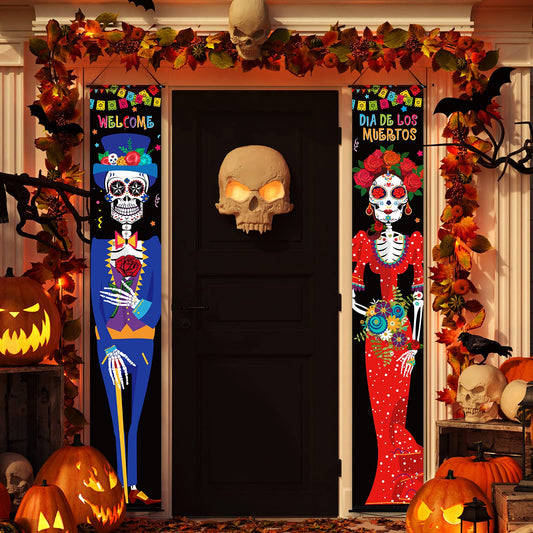 2 Pieces Day of The Dead Porch Sign Dia De Los Muertos Porch Decorations 11.8 x 70.9 Inch Autumn Mexico Welcome Halloween Door Banner Fall Hanging Wall Banner for Festival Indoor Outdoor Decoration