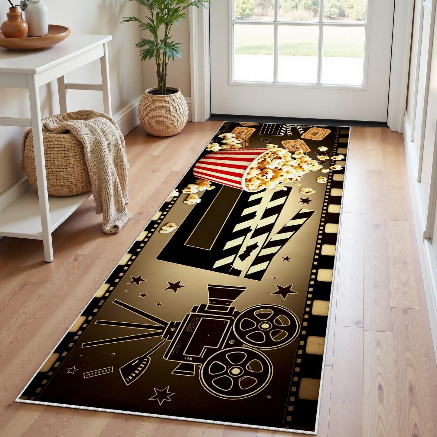 Egljss Movie Theater Rugs 4x10 - Popcorn Rugs for Kitchen, Cinema Clapboard Runner Rug for Hallway, Filmstrip Movie Area Rug Non Slip Washable, Film Popcorn Carpets for Living Room - Theater Decor