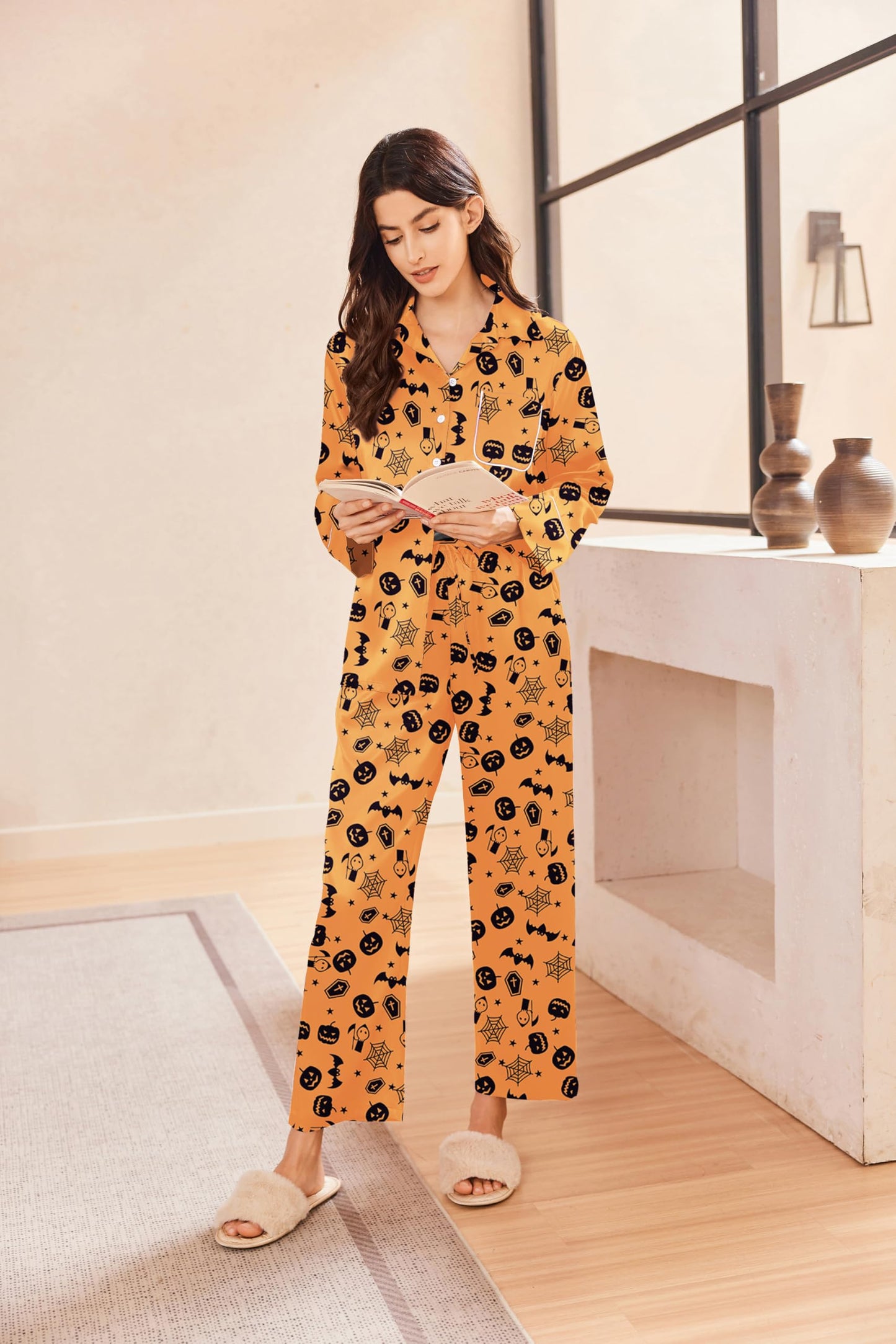 Ekouaer Silk Pajamas for Women Button Down Lounge Sets 2 Piece Sets Silky Pajama Long Pants Sleepwear with Pockets