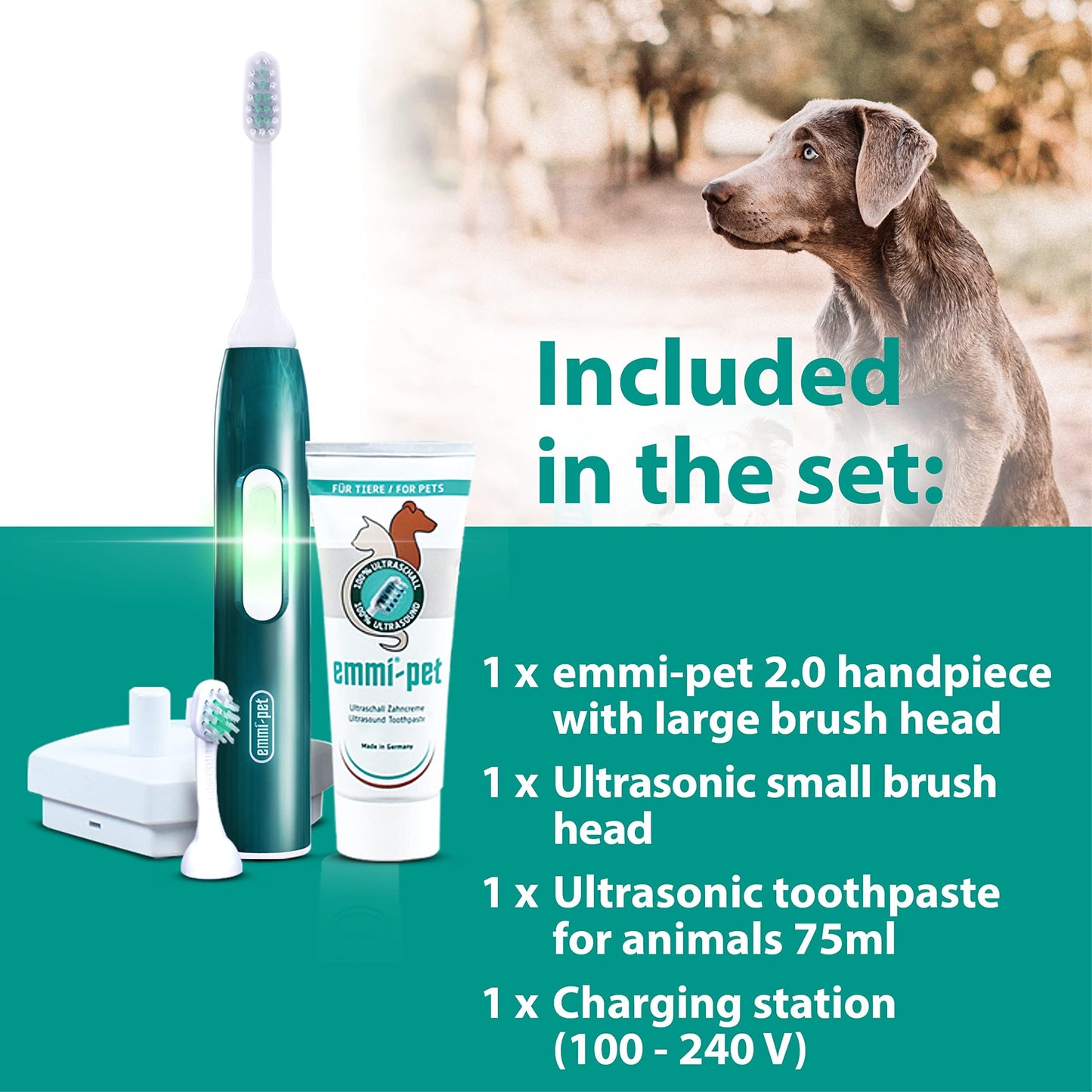 Emmi®-pet 2.0 PRO+ Oral & Skin Care Set Electric Toothbrush Set for Pets. Patented 100% ultrasonic no Brushing Technology deep-Cleans - for Healthier Teeth & Gums & Fresher Breath. Made in Germany.